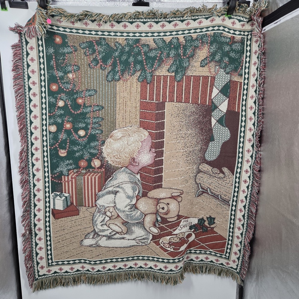 Vintage Santa Claus Merry Christmas Holiday Woven Fringe Tapestry Blanket